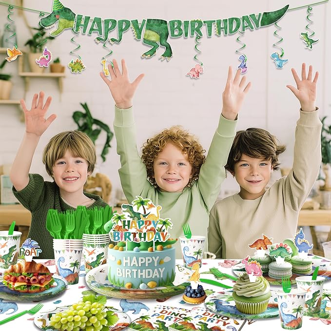 189 Pcs Dinosaur Birthday Party Supplies Set - Serves 24, Dino Decorations Kit with Banner, Balloons, Swirls, Cake Toppers, Tableware & Tablecloth
