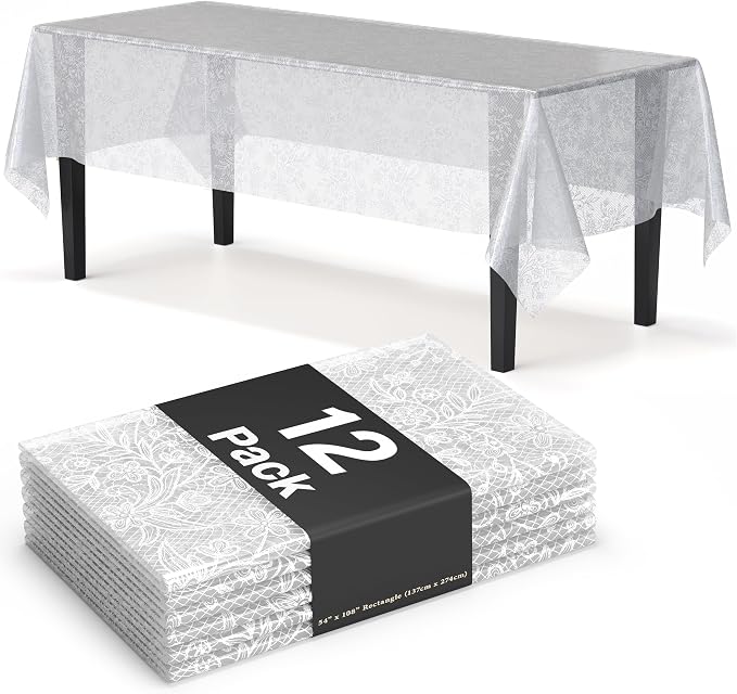Exquisite Lace Table Cloth Rectangle Table Plastic 12-Pack Lace Tablecloth Rectangular 54" X 108" | Clear & White Floral Tablecloth Disposable | Wild Flower Party Decorations & Party Supplies
