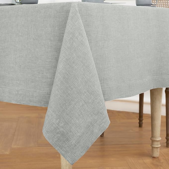 Solino Home Linen Tablecloth 60 x 144 Inch - 100% Pure Linen Chambray Grey Table Cloth for Rectangle Tables - Athena, Machine Washable Fabric Tablecloth