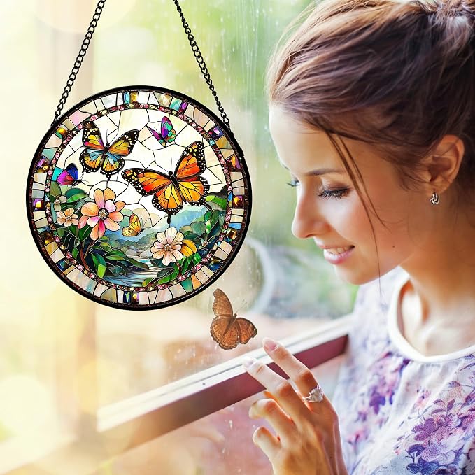DASTOLL Stained Glass Window Hanging, Butterflies Flying in the Sky Suncatcher for Doors Home Sun Catchers Decoration and Christmas, Mother's Day Birthday Gifts for Women, Men, and Mom 7.8 in
