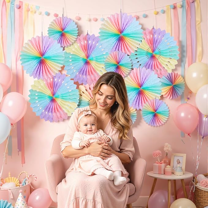 SUNBEAUTY Paper Fan, 11 Pcs Pastel Flowers for Wall, Rainbow Color-Blocking Hanging Decorations, Macarons Paper Fans Backdrop for Tea Party Weddding Spring Birthday Classroom Baby Shower Celebration