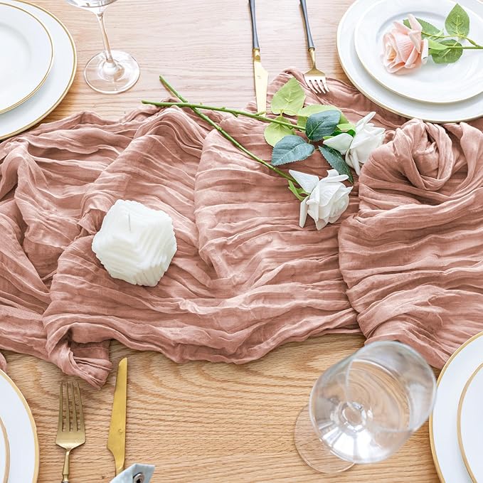 Wokceer Cheesecloth Table Runner 4Pack 10FT Dusty Pink Boho Gauze Fall Christmas Cheese Cloth Table Runner for Party Easter Rustic Sheer Table Runners for Baby Bridal Shower Wedding