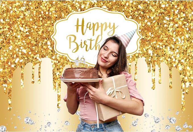 Baocicco 10x8ft Gold Happy Birthday Backdrop Modern Luxury Glitter Diamond Photography Background for Women Girls Sweet Princess Birthday Party Bridal Shower Decor Banner Supplies Photo Booth Props