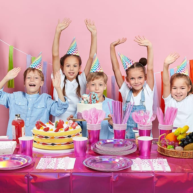 Iridescent Pink Party Supplies Decorations Serve100, Hot Pink Holographic Paper Plates and Napkins Set, Disposable Pink Paper Plates Cups Knives Spoons Fork for Mermaid Disco Kpop Birthday Party Decor