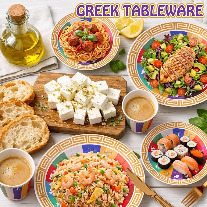 FoldTier 350 Pcs Greek Mythology Party Supplies Greek God Disposable Plates Napkins Cups Tableware Set, Ancient Greeks Themed Party Decorations for Camp Half Blood Birthday, Serves 50