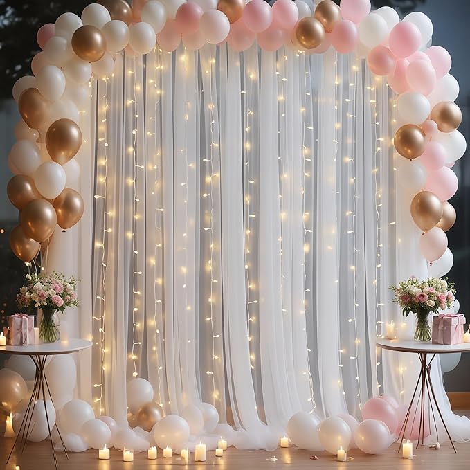 10x10ft White Tulle Backdrop Curtain with Lights String for Parites, Sheer Photo Backdrop Drapes with Lights for Wedding Ceremony Reception Baby Shower Bridal Shower Birthday Party Decorations