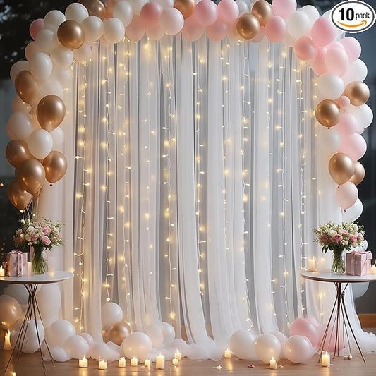 10x8ft White Tulle Backdrop Curtain with Lights String for Parites, Sheer Photo Backdrop Curtains with Lights for Wedding Backdrop Ceremony Reception Bridal Shower Baby Shower Birthday Party