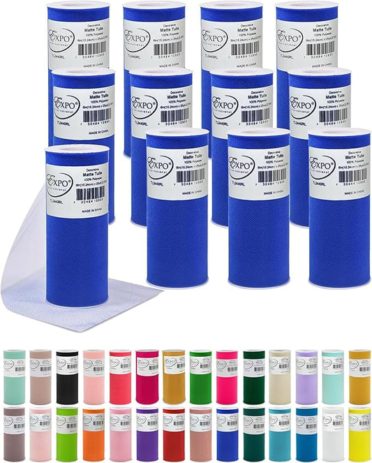 Expo International Decorative Matte Tulle, Lightweight Polyester Tulle Fabric for Tutus, Costumes, and Party Decorations, Washable, Easy-to-Use, 6 Inch x 25 Yards, Royal Blue, Pack of 12