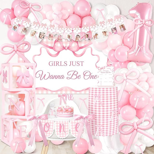 Kriyokiaa Girls Just Wanna Be One birthday Decorations for Girl Coquette First Birthday Decorations with Balloons Arch, Highchair Banner Bow Theme Backdrop, Photo Banner, Cake Topper
