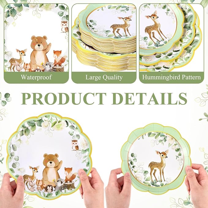 Funnymoom 200 Pcs Woodland Baby Shower Party Supplies Kit Safari Animals Disposable Paper Dinner Dessert Plates Napkins for Birthday Baby Bridal Shower Wedding Party 50 Guests
