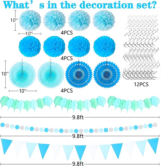 Moon Boat 35PCS Party Decorations Paper Fan Hanging Set - Birthday,Baby Shower,Wedding Decor (Blue)