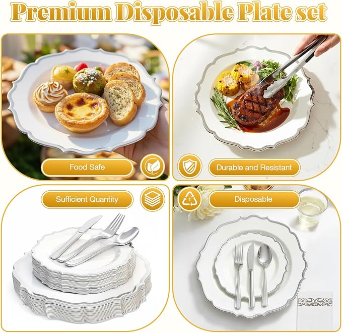 Glowserve 175 Piece Disposable Plastic Plates Dinnerware Set for 25 Guests | 50 Plastic Plates,25 Silverware Set,25 Cups and Napkins,Party Wedding Birthday,Family Gathering,Fancy Plastic Plates