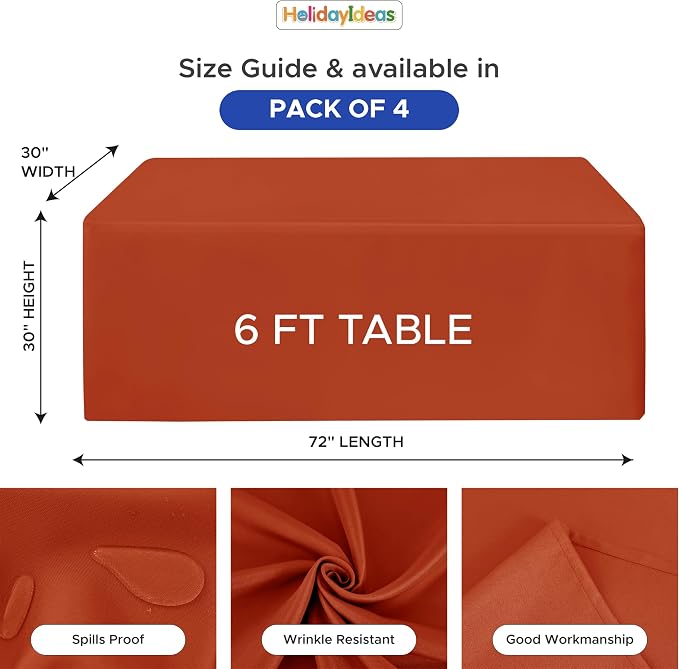 HolidayIdeas 4-Pack 6ft Rust Fitted Tablecloth for Fall Festival | 4-Sided coverage wrinkle resistant tablecloths for thanksgiving halloween craft fair decor