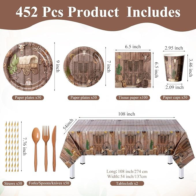 LemonRoad 452 Pcs Western Cowboy Party Supplies for 50, Wild West Cowboy Paper Plates Napkins Cups Tablecloth Cutlery Straw Disposable Tableware for Camping Barn Birthday Baby Shower Party Decoration