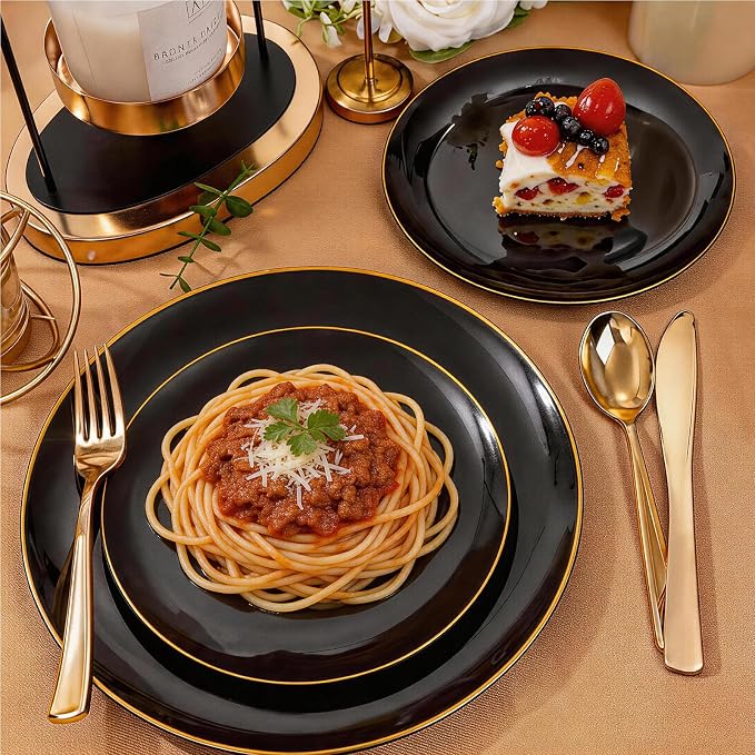 YOUBET 125PCS Black and Gold Plastic Plates - Black Disposable Plates With Gold Rim - Includes 25 Dinner Plates, 25 Dessert Plates, 75 Gold Silverware for Wedding Birthday Party