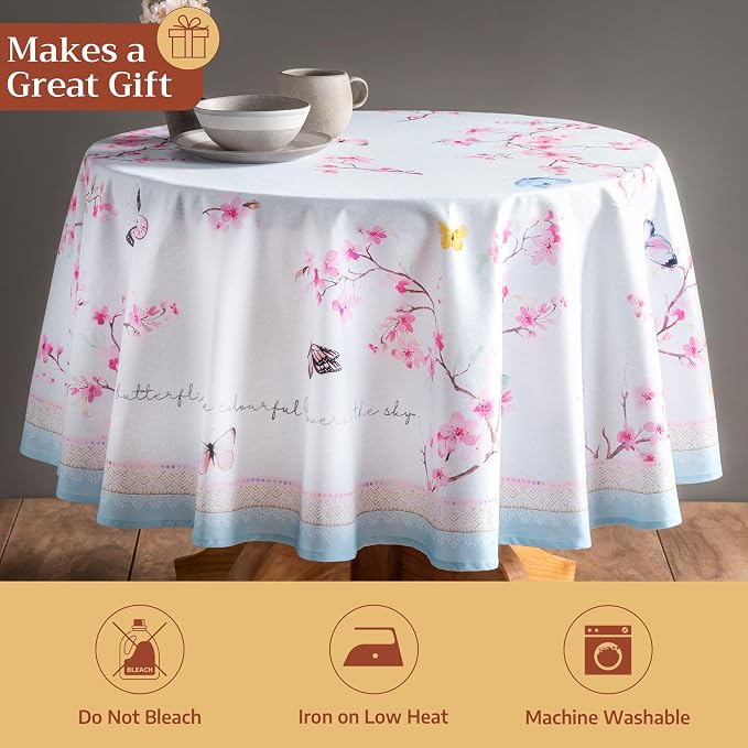 Maison d' Hermine Table Cloth Round Table 100% Cotton 63 Round Inches Tablecloth Reusable Decorative for Dining Kitchen Room Farmhouse Party Home Hotel Restaurant Spring Summer - Blossoms in Spring