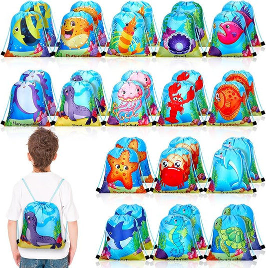 Talltalk 32 Pack Ocean Party Supplies Drawstring Bags Cartoon Sea Animal Birthday Goodie Supplies Treat Bags for Kids Gifts Party Favors Birthday Decorations