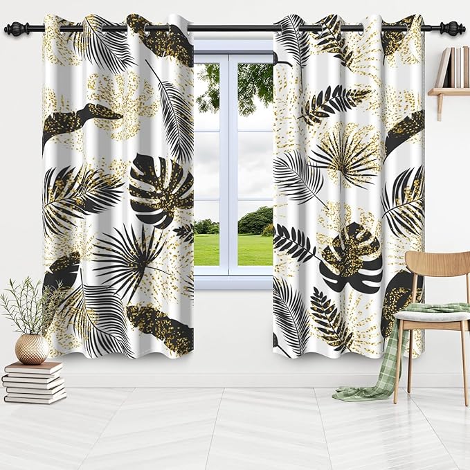 Black and Gold Curtains Tropical Jungle Plants Gold Palm Leaf Blackout Window Curtains for Bedroom Living Room Home Decor Tropical Palm Leaves Botanical Decorative Drapes,53x72 inch,2 Panels