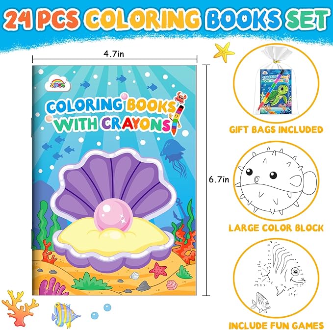 ZMLM 24 Pack Ocean Coloring Books for Kids with Crayons,Party Favors for Kids 4-8, Goodie Bags Stuffers for Toddlers, Classroom Prizes Birthday Return Gifts (Ocean)