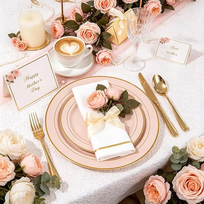 GATHER 700PCS Pink Plastic Plates - Gold Rim Disposable Plastic Dinnerware Set Include 200 Pink Plates, 300 Silverware, 100 Napkins, 100 Cups for Party & Wedding & Mother's Day