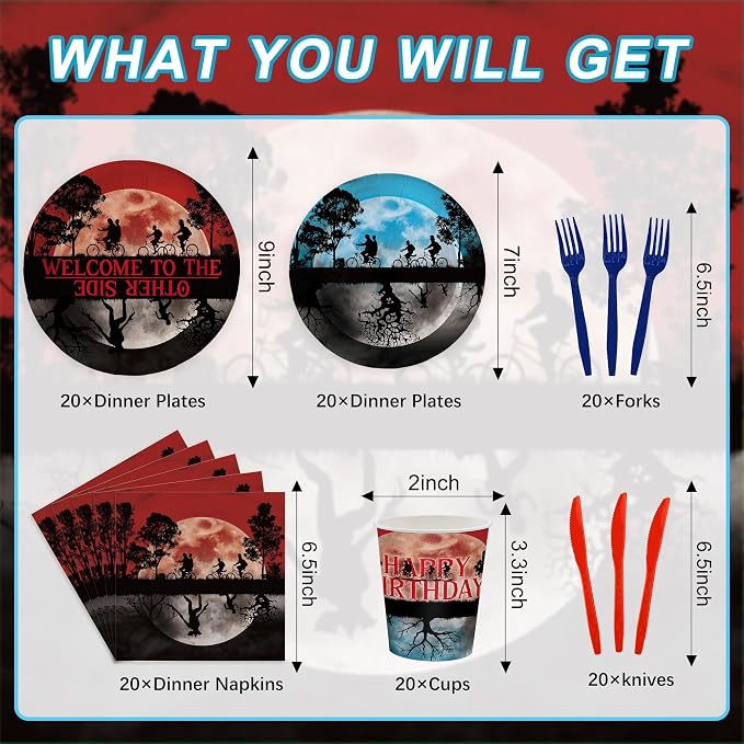 120 PCS Stranger Party Supplies with Disposable Paper Plates Napkins Cups Themed Party Decorations for Boys Girls Stranger Things Theme Party