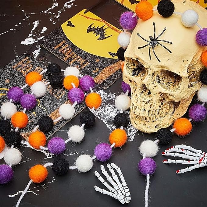 WILLBOND 3 Pieces Wool Felt Rainbow Ball Garland Colorful Pom Pom 6.5 ft Long 24 Ball Garland for Easter Mardi Gras Classroom Halloween Thanksgiving Xmas (Purple,Orange,Black,White)