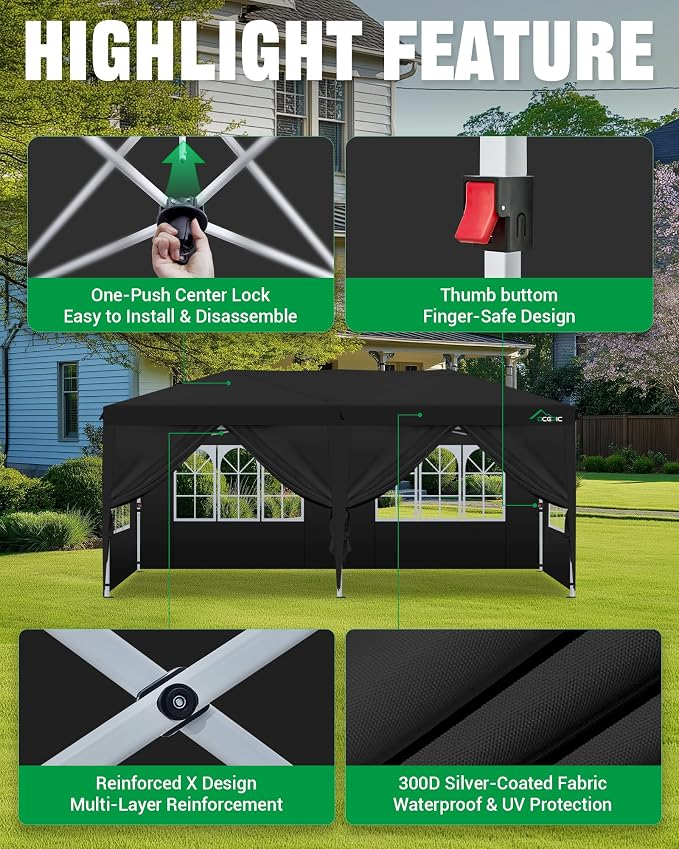 Acepic 10x20 Pop Up Canopy with 6 Removable Sidewalls, 2 Central Lock Easy Set-up Outdoor Party Tent, Commercial Tent, Hand Bag x1, Sandbags x4, Stakes x12, Ropes x6 (Black, 10 * 20)
