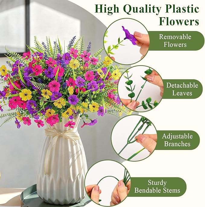 Alupssuc 24 Bundles Artificial Flowers for Outdoors Planters Spring Decoration, UV Resistant Faux Eucalyptus Violet and Lavender Silk Fake Plants for Outside Indoor Yard Home Patio Decor, Mix 3 Colors