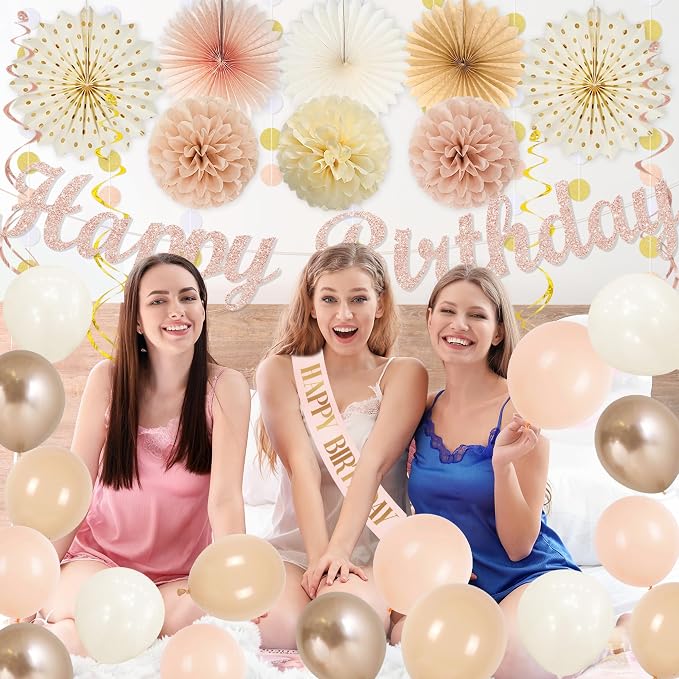 Vlipoeasn Beige Pink Birthday Party Decorations Champagne Women Girls | Rose Gold Peach Happy Birthday Banner Cake Topper Paper Fans Pompoms Latex Balloons Haning Swirls Kit for Women Girls Indoor