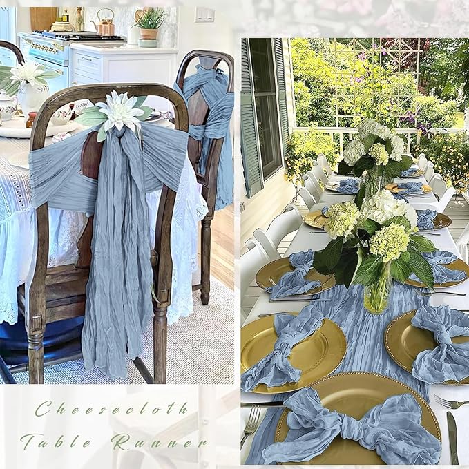 12 Pack Dusty Blue Cheesecloth Table Runner 17 x 108 Inch Gauze Table Runner Fabric Semi Sheer Cheese Cloth Table Decor Bulk for Rustic Romantic Wedding Baby Shower Table Decoration