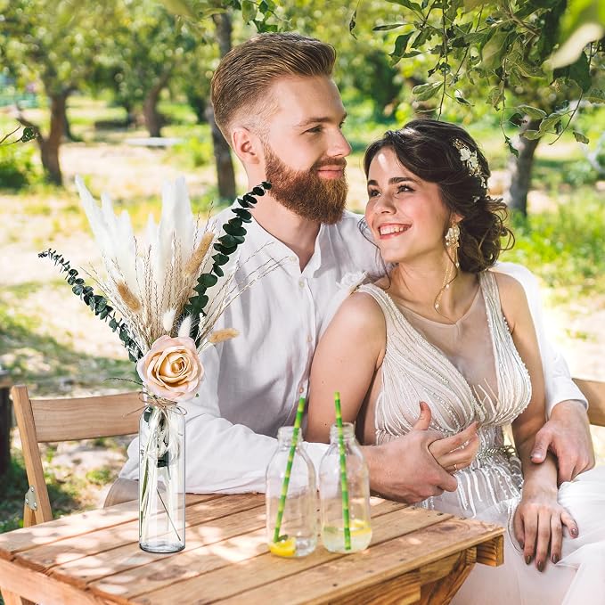 Qinyoung 10 Set Dried Pampas Grass Centerpiece for Wedding Baby Shower Party 10 Glass Flower Jars 10 Artificial Roses 80 Dried Pampas Grass with Rope for Rustic Bridal Farmhouse Decoration(Champagne)