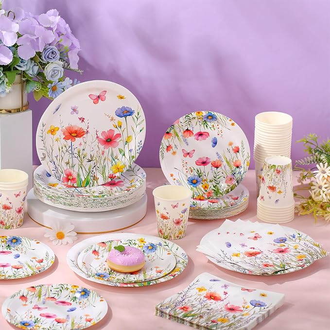 Ziliny 250 Pcs Wildflower Party Decorations Include Spring Summer Floral Paper Plates Napkins and Cups for Wildflower Baby Shower Tea Decorations, Serve 50 Guest(Colored,Vivid Style)