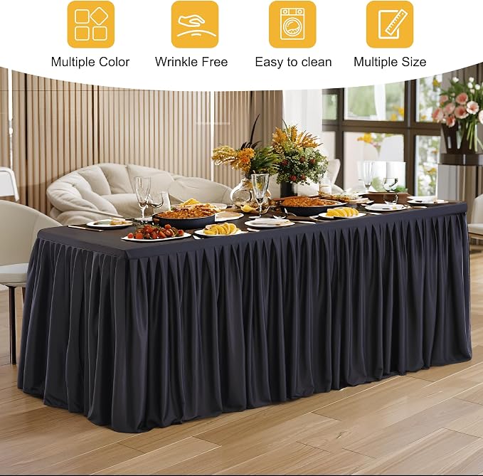 6 Packs Black Tableclothes for 8 Foot Rectangle Tables, Wrinkle Free Fitted Table Cloth 8ft Stretch Table Cover with Skirt for Parties Weddings Birthday Banquet Baby Shower