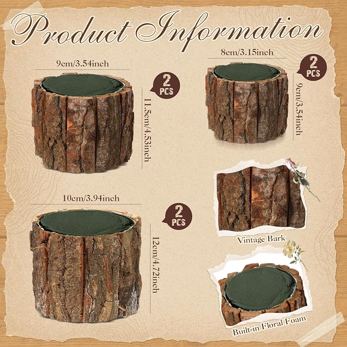 6 Set Wooden Vase for Centerpieces Wedding Flower Table Centerpieces Decor Rustic Bark Stump Bucket Farmhouse Wood Planter Pot for Woodland Party Window Home (Flower Foam,L+m+s)