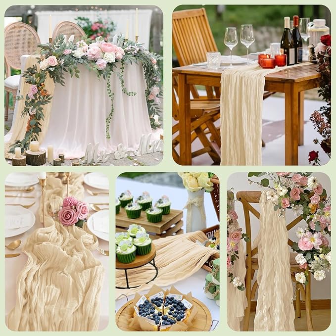 2PCS Table Runner Cheesecloth 10FT Sand Boho Gauze Cheese Cloth Rustic Sheer Table Runners for Wedding Bridal Baby Shower Party Decoration
