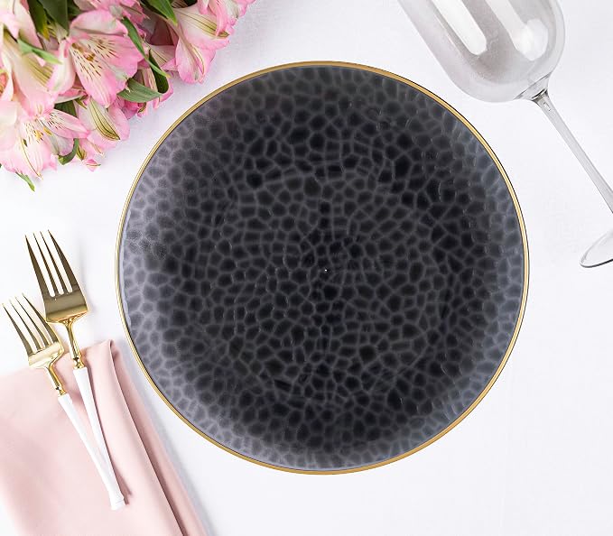 PlasticPro 30 Pack Hammered Plastic Plates Heavyweight Disposable Plastic Plates Elegant Black Transparent Plates With Gold Rim Platsic Party Dishes (Transparent Black With Gold Rim, 10'' INCH PLATES)