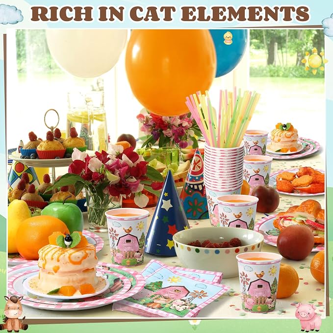 Funnymoom 250 Pcs Farm Animals Themed Party Decorations Barn Animal Paper Plates Cups and Napkins Disposable Pink Barnyard Farm Tableware Set for Birthday Baby Shower Party Supplies, Serves 50