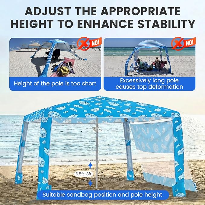 Zeraty Beach Cabana 8'×8', Portable Beach Canopy with Side Wall, UPF 50+ Silver-Coated Beach Tent Sun Shelter Easy Pop Up, Wind Resistant Adjustable Height Beach Umbrella Tent for Family, Lagoon