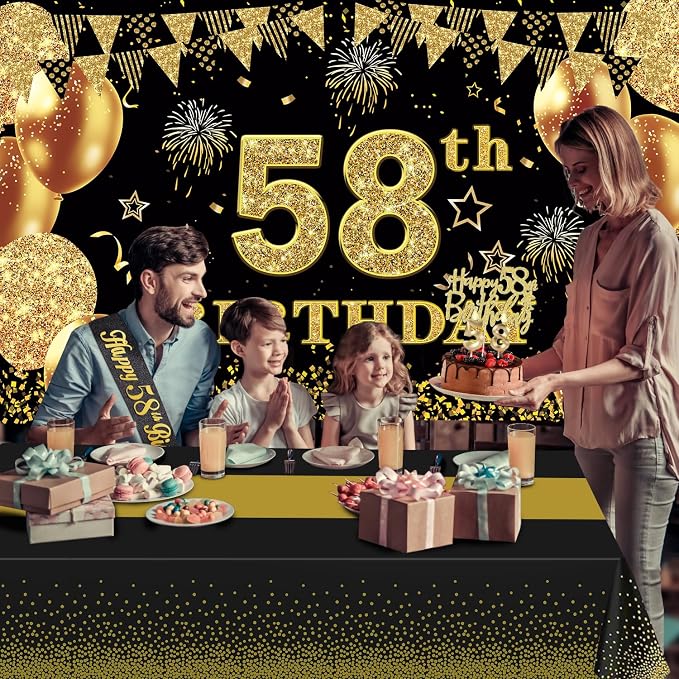 58th Birthday Decorations Men Women with 58th Birthday Banner, Black and Gold Table Cloth, Number Balloons, Large Sash, Cake Topper and Candles