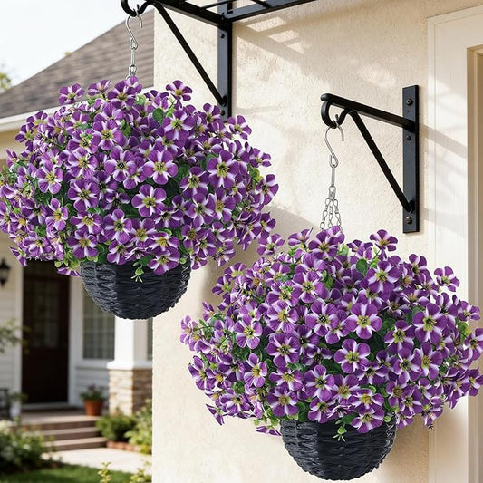 VIERENA 2 Sets Artificial Morning Glory and Eucalyptus Hanging Basket for Outdoor, UV-Resistant Fake Flower Hanging Basket, Suitable for Porch, Aisle, Garden, Patio, Eaves Decor (Purple)