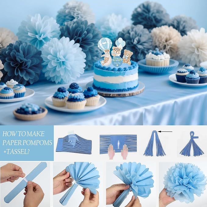 Dusty Blue Baby Shower Decorations, Baby Shower Decorations Set with Welcome Baby Banner, Cake Topper, Paper Pom Poms, Tassels, Sash for Baby Shower Gender Reveal Party Supplies