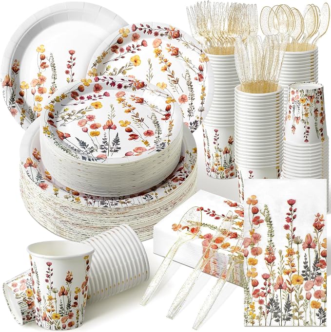 Sinmoe 400 Pcs Spring Wildflowers Plates and Napkins Set Paper Flower Dinnerware Disposable Party Supplies for 50 Guest Dinnerware Knife Fork Spoon for Spring Summer Birthday Baby Shower Party