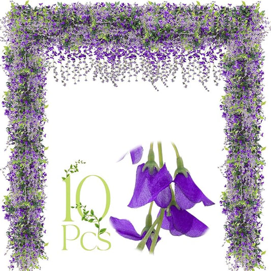 Crowye 10 Pcs 7.2ft/pcs Artificial Flowers Wisteria Garland Artificial Wisteria Vine Hanging Flower Decorations Flower Vines for Outdoor Wedding Wall Arch Party Backdrop Floral Decor (Purple)