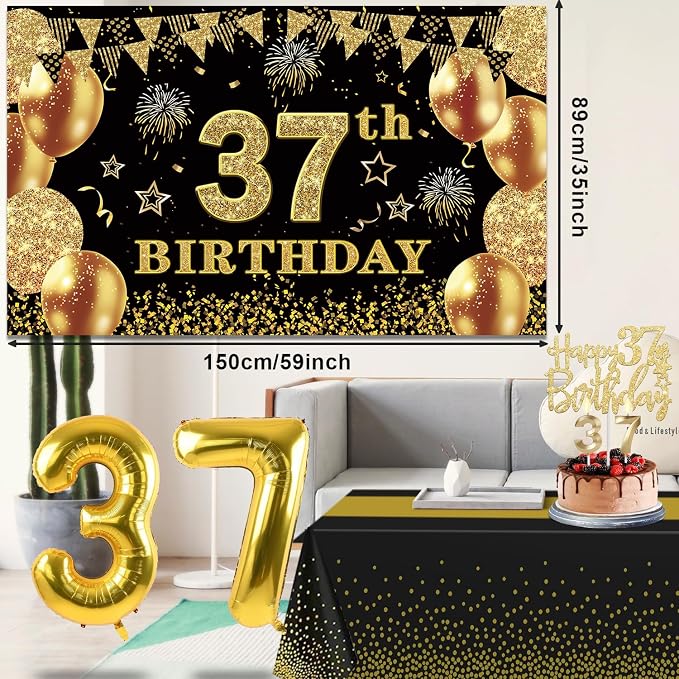 37th Birthday Decorations Men Women with 37th Birthday Banner, Black and Gold Table Cloth, Number Balloons, Large Sash, Cake Topper and Candles