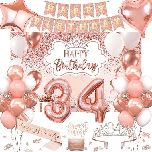 34th Birthday Decorations for Women, 52pcs Sweet Rose Gold Happy 34 Birthday Decorations Including 34th Rose Gold Crown, Sash, Banner, Background for 34 Party Decorations Set