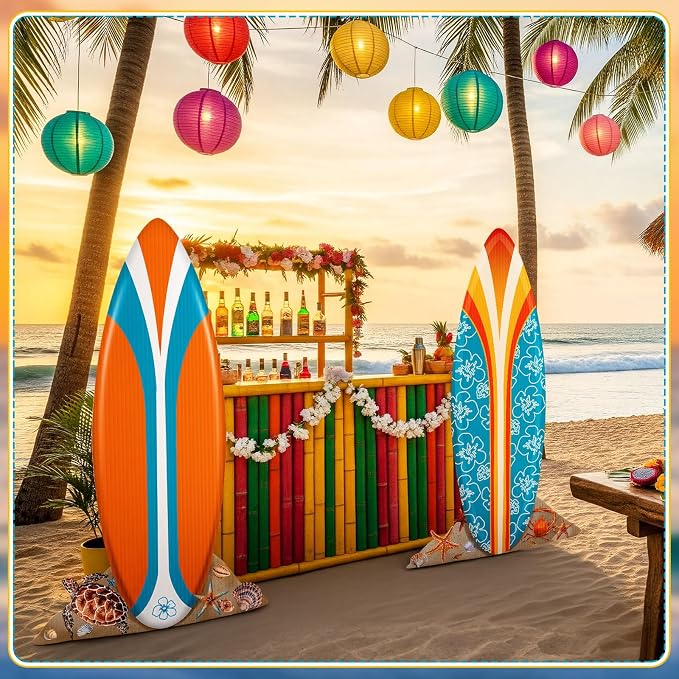 2 Pcs Summer Surfboard Prop Decoration 3.9 ft Large Surfboard Cardboard Cutout Life Size Beach Photo Booth Prop Tropical Outdoor Yard Sign for Surfing Swimming Hawaiian Luau Bar Supplies