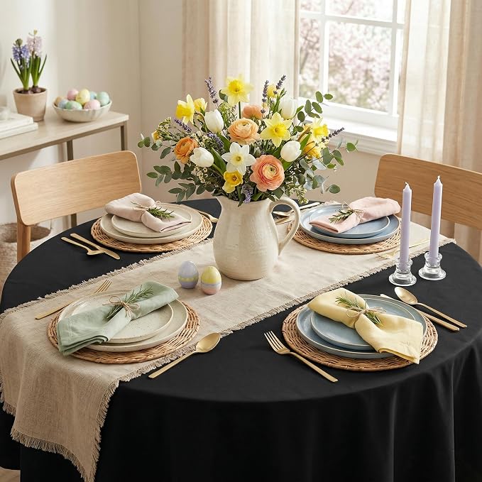 sancua Round Tablecloth 60 Inch Diameter for 20-48 Inch Tables, Water Resistant Spill Proof Washable Polyester Table Cloth Decorative Fabric Table Cover for Dining, Buffet Parties and Camping, Black