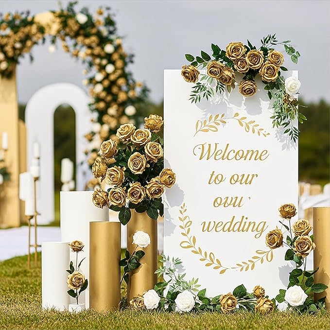 Auihiay 104PCS Gold Rose Artificial Flowers, Fake Roses, Lifelike Gold Roses Banquet for Wedding Centerpieces, Bridal Shower Bouquets, Home Decor, Mother's Day, Birthday, Valentine's Day Decoration