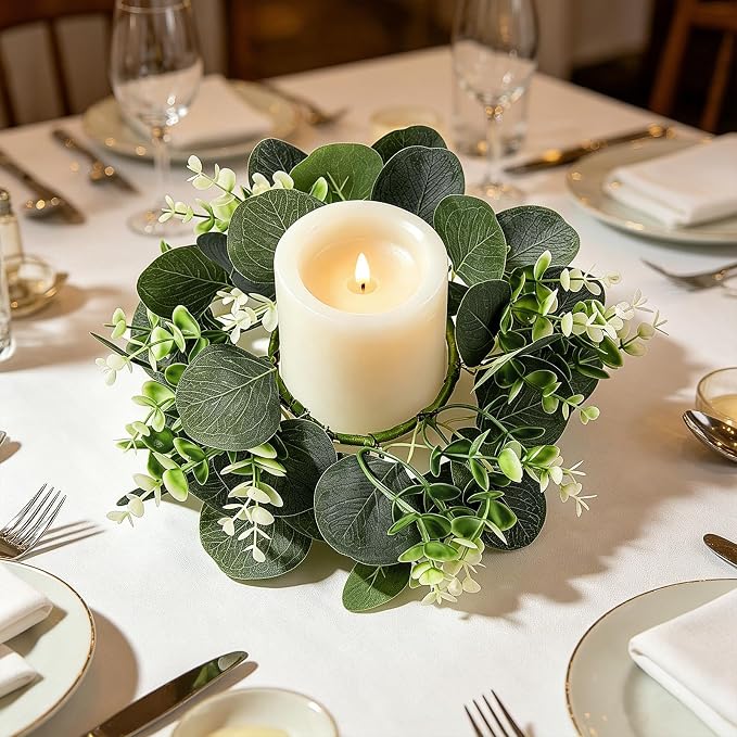 6 Pack Artificial Eucalyptus Candle Rings Wreaths, 9 Inch Candle Rings with Baby Breath, Greenery Candle Rings for Pillar Candles, Wedding Centerpieces, Home Decor