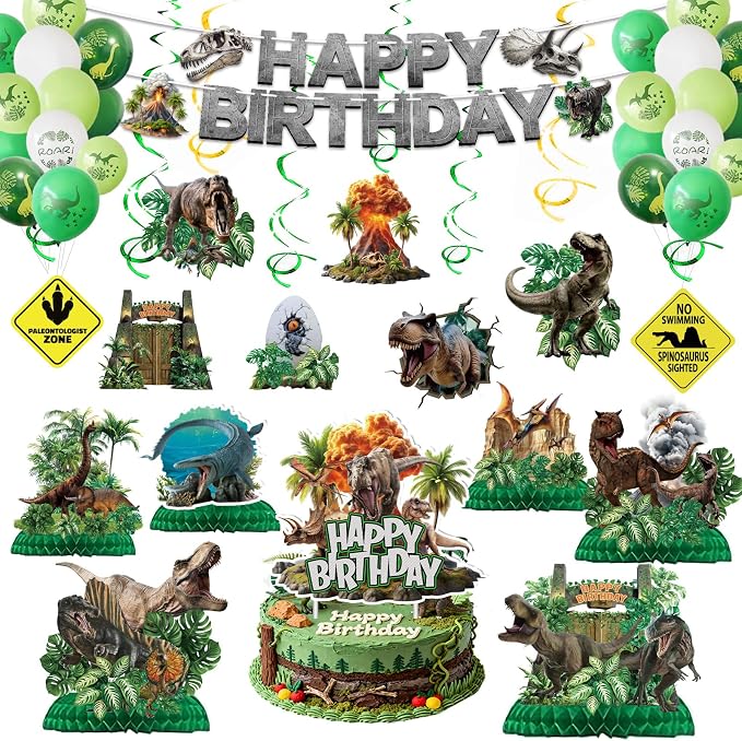 Dinosaur Birthday Decorations Dino World Party Decorations Tableware Set Include Dinosaur Balloons, Cake Topper, Hanging Swirls, Honeycomb, Banner Dino Party Supplies for Boys Kids Birthday Decor